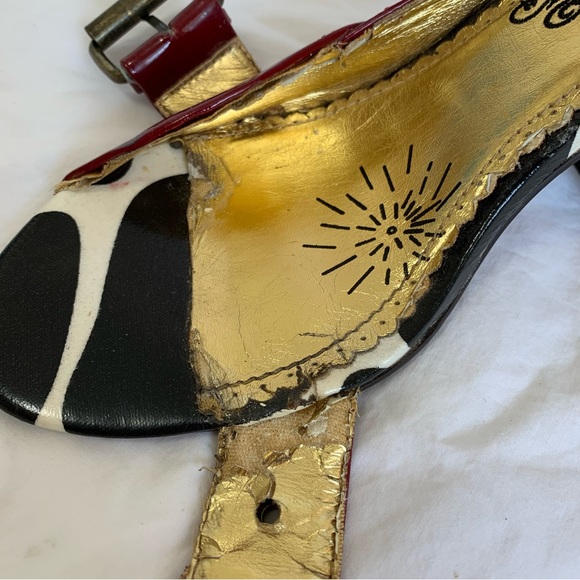 Naughty Monkey red patent and cow print asymmetric heels open toes buckle strap - Picture 15 of 16